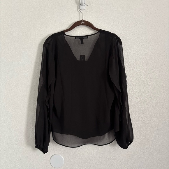 NWT White House Black Market Size XS Black Long Sleeve Ruffled Tie Neck Blouse - Picture 7 of 7